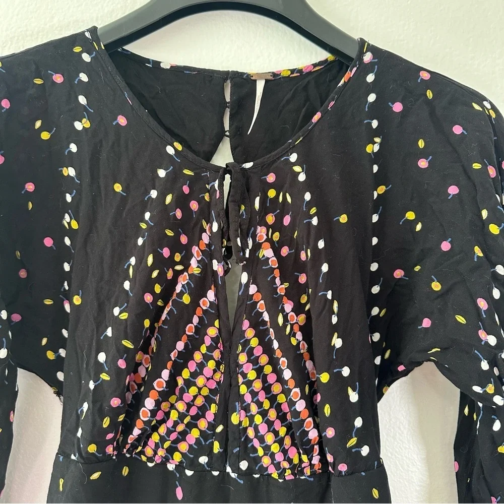 Free People Coryn Mini Dress Black Printed Open Back Long Sleeve Size 2